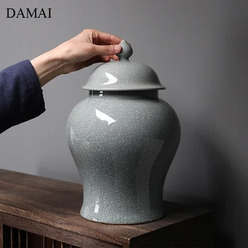Kinesiske Vintage Keramik Te Container Enkel Knæk Dekorative Blå og Hvid Porcelæn Håndværk Desktop Te Blad forrådskrukker