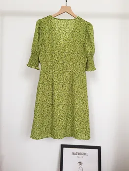 Kjole 2021 Kvinder Sommeren Nye Kjole Mode Afslappet Grønne Trykt V-hals Puff Ærmer Mini Kjole