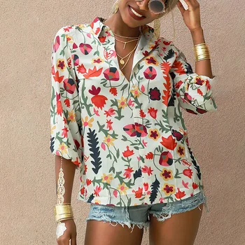 Knap Op-Collared Mønster Shirt Med Print Damer Cardigan Til Kvinder 2021 Blomster Plus Size Toppe Efteråret Elegant Bluse Kvindelige