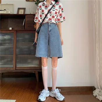 Knæet Længde Japansk Streetwear Stil Med Høj Talje, Brede Ben Denim Shorts Til Kvinder Jean Shorts Til Kvinder Sommeren Løs Korte Shorts