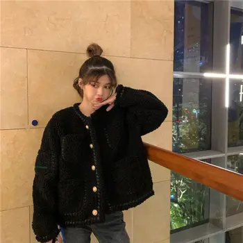 Korea Kort Lam Plys Bamse Pels Kvinder Efteråret Jakke Kvinde Kvinde Vinter Mode Fur Short Coat Kvinde Harajuku Ruskind Khaki