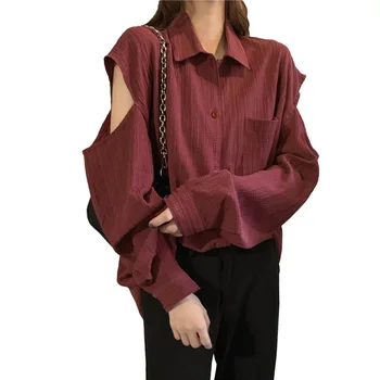 Korea Smarte Kvinder Bluse Revers Plisserede Tekstur Løs Long-sleeve Shirt i Retro Omhyggeligt Bearbejdede Hul Skjorte Bluse