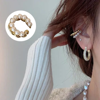 Koreanere Guld Farve Dobbelt Cirkel Twist Pearl Ear Cuff Vintage Geometriske Cirkel Earcuff Fake Piercing Perler Klip på Earings