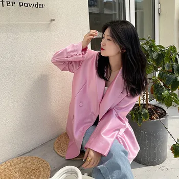 Koreanere Pink Hak Krave dobbeltradet Blazer Kvinder Frakke 2021 Forår Og Efterår Mode Løs Long-sleeve Passer Jakke Kvinder
