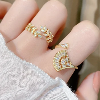 Koreanere Trendy Nye Ankommer Ginkgo Biloba-Blade Kvinder Ring Justerbar Bling Top Kvalitet CZ Band Engagement Brude Anillos Ringe