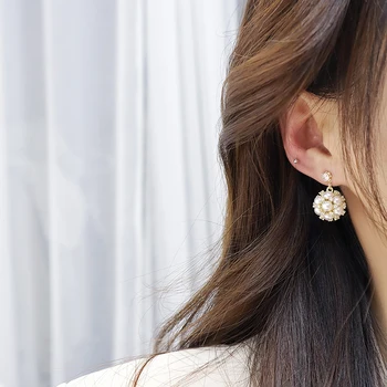 Koreansk Mode 14k Ægte Guld Perle Kugle Øreringe til Kvinder Romantisk Indlagt Cubic Zircon Stud Øreringe Bryllup Smykker Pedant Gave