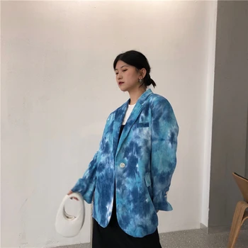 Koreansk Mode Blå Tie-dye Fløjlsbukser Blazer Jakke Løs Casual Single-breasted Foråret Mid-længde Turndown Krave Kvindelige Pels