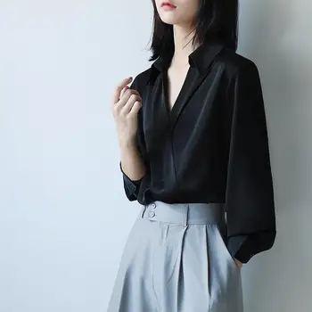 Koreansk Mode V-Hals Bluser Kvinder 2021 Elegante Kontor Dame Langærmet Chiffon Tøj Løs Slanke Design, Toppe Foråret