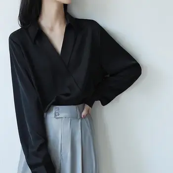 Koreansk Mode V-Hals Bluser Kvinder 2021 Elegante Kontor Dame Langærmet Chiffon Tøj Løs Slanke Design, Toppe Foråret