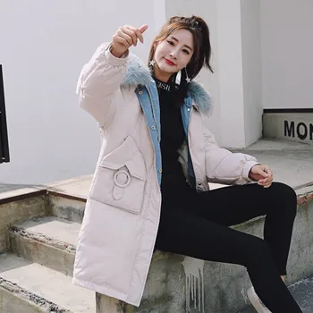 Koreansk Stil 2020 Kvinder Vinterjakke Oversize Løs Med Fur Hooded Dame Down Frakke Lang Polstret Parka Mujer Invierno