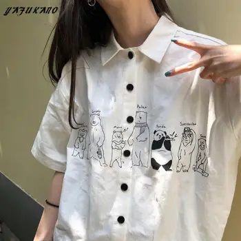 Koreansk Stil Bluse, Kvinder Mode 2021 Summer Print Knap Op-Shirt Kort Ærme, Casual Løs Hvid Kvinder Tøj