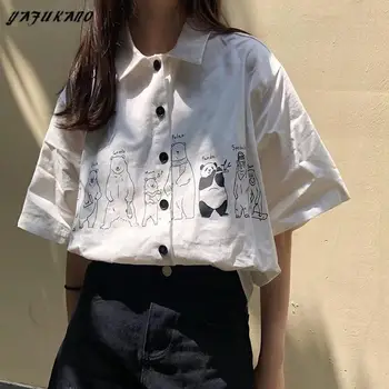 Koreansk Stil Bluse, Kvinder Mode 2021 Summer Print Knap Op-Shirt Kort Ærme, Casual Løs Hvid Kvinder Tøj