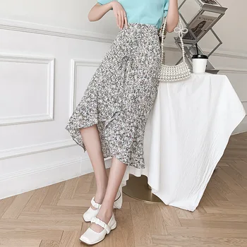 Koreansk Stil Elastisk Talje Chiffon Floral Print Mid-Længde En Linje Nederdel Uregelmæssige Kvinders 2021 Sommeren Havfrue Lang Nederdel