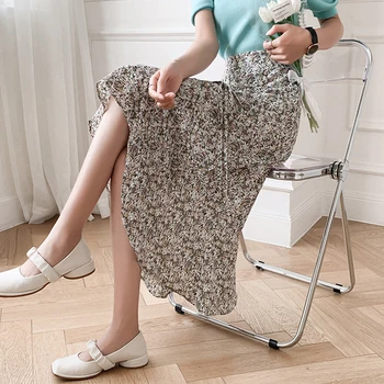 Koreansk Stil Elastisk Talje Chiffon Floral Print Mid-Længde En Linje Nederdel Uregelmæssige Kvinders 2021 Sommeren Havfrue Lang Nederdel