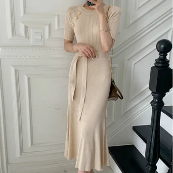 Koreansk Stil Strikket Kjole Kvinder Half Sleeve Slanke Elegante Kjoler Damer Kontor Sorte Kjoler Efteråret 2021 Mode Vestido Mujer