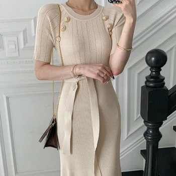 Koreansk Stil Strikket Kjole Kvinder Half Sleeve Slanke Elegante Kjoler Damer Kontor Sorte Kjoler Efteråret 2021 Mode Vestido Mujer