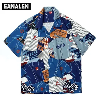 Koreansk tøj Harajuku vintage-knappen shirt mænd streetwear baseball uniform trykt Hawaii kortærmet skjorte graffiti