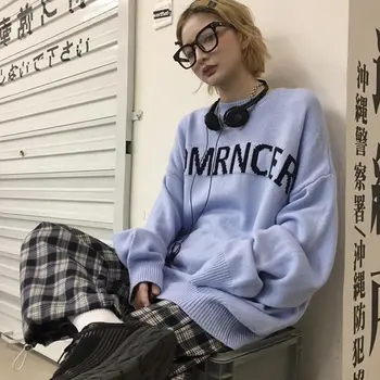 Koreanske Kvinder Sweater Tendens Hong Kong Style Simpelt Brev Jacquard Pullover, Strikket Jumper Løs Casual Efteråret Par Trøjer