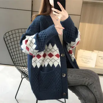 Koreanske version af den løse ydre forår og efterår strikket cardigan kvinder 2021 nye retro diamant sweater jakke