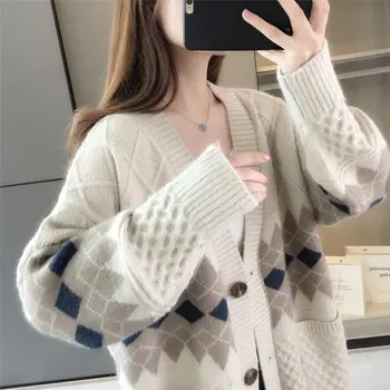 Koreanske version af den løse ydre forår og efterår strikket cardigan kvinder 2021 nye retro diamant sweater jakke