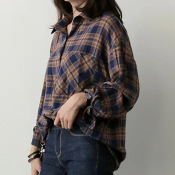 Koreanske Version Foråret 2021 Ny dame Bluse Vilde Classic Plaid Shirt Løs langærmet Skjorte Mode Cardigan Kvindelige Casual
