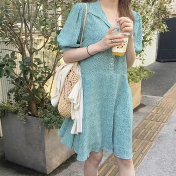 Kort Koreanske Shirt Kvinder Grøn Sommer Kjole Enkelt Breasted Lanterne Ærmer Lige Vestidos Casual Kjole Femme Wypadki Jurken