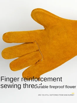 Kort Svejsning Læder Handsker Beskyttelseshandsker Fortykket brandhæmmende Varme-isoleret Anti-skoldning Svejser Handsker håndværktøj