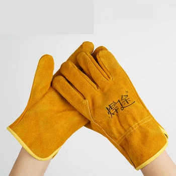 Kort Svejsning Læder Handsker Beskyttelseshandsker Fortykket brandhæmmende Varme-isoleret Anti-skoldning Svejser Handsker håndværktøj