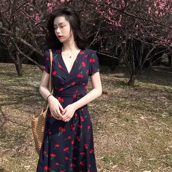 Kortærmet Kjole Kvinder Fritid koreansk Stil, Elegant Dame V-hals A-linje Piget Hyggelig Mid-kalv Sommer Mode Hot Salg Sundress