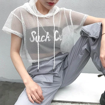 Kortærmet T-Shirt Kvinder Mesh Øverste Hætte Hule Ud Sexet Punk Rock Kort Afgrøde Top Hvid T-Shirt Sort Fiskenet