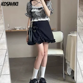 KOSAHIKI Harajuku Gotiske Uregelmæssige Mini Nederdele Punk Kvinder Sød Sløjfe Flæser Høj Talje Sexet Sort Plisseret Nederdel Partywear