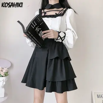 KOSAHIKI Japansk Lolita Kawali To Stykker Sæt Vintage Bandage Bluse+flæsekanter Mini Nederdele Harajuku Sød Sort Rompers 2021 Sommer