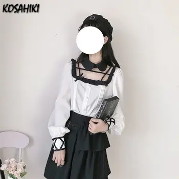 KOSAHIKI Japansk Lolita Kawali To Stykker Sæt Vintage Bandage Bluse+flæsekanter Mini Nederdele Harajuku Sød Sort Rompers 2021 Sommer