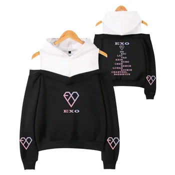Kpop EXO Kvinder Hættetrøjer Off-shoulder Sweatshirt 2020 Harajuku Style Fashion Sweatshirts Pige Sexet Pullovere Casual Hætteklædte