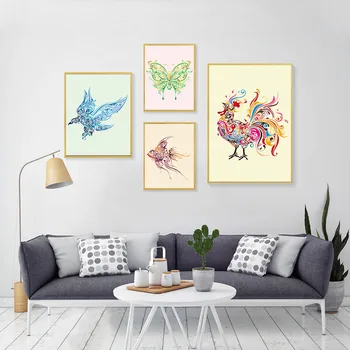 Kreativ Farve Butterfly Fisk, Kylling Lærred Maleri Blomst Plakat Væg Kunst, Lærred Print Malerstuen Dekorative Maleri