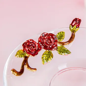 Kreative Emalje Krystal Gennemsigtig glas vand Kontor kaffebæger Butterfly Steg Malet Blomst Vand Cup med Skeen Sæt Bryllup Gave