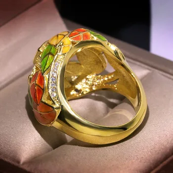 Kreative Gul Guld Farve Ring Kvindelige Retro Farverig Emalje Ring Overdrevet Blomst, Blad Ring I Høj Kvalitet