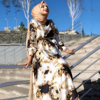KUCLUT 2021 Nye Dubai Blomstret Kjole Kjole i Stor Størrelse Muslimske Abaya Kvinders langærmet Høj Talje Siwng Islamiske blondekjole
