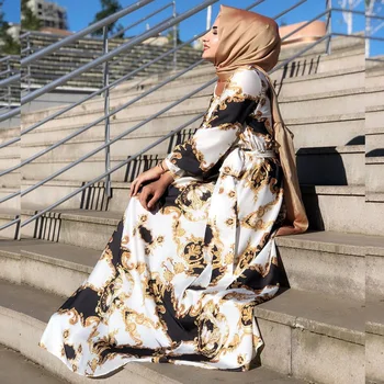 KUCLUT 2021 Nye Dubai Blomstret Kjole Kjole i Stor Størrelse Muslimske Abaya Kvinders langærmet Høj Talje Siwng Islamiske blondekjole