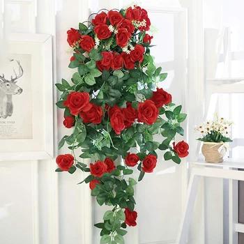 Kunstig Rose Falske Blomster Hængende Plante Væggen Hjem Balkon Kurv Indretning Pack 2