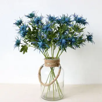 Kunstige Eryngium Tidsler Flok Simulering Blomster, Planter 3-Gaffel bryllupsfest DIY Håndværk Buket Centerpieces Light Blue 1PC