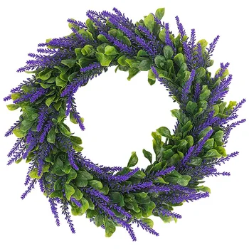 Kunstige Lavendel Krans Blomst 16 Tommer Grønne Blade, Sommer, Efterår Store DIY Kranse Forår til Udendørs Foran