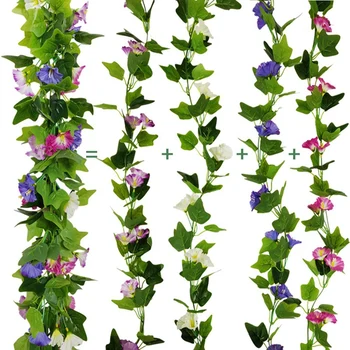Kunstige Morning Glory Blomst Vinstokke, 4stk Hængende Planter Grønne Krans Ivy til Bryllup havemur Hegn Home Decor