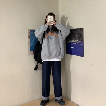 Kvinde Casual Hættetrøjer Brev langærmet Sweatshirt Hip Hop Hætteklædte Kvindelige Pullover overdimensionerede Lomme Pullover koreanske Styl