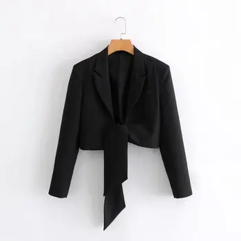Kvinde Smarte Office-Kort Blazer Bow Tie Solid Brun Lange SleeveJacket Vintage Stright 2021 Nye Kvindelige Mode Top