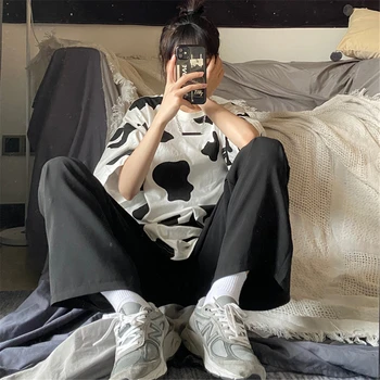 Kvinde t-shirts Ko Print Overdimensionerede Casual Løs, kortærmet T-shirt Streetwear Toppe Harajuku Mode Tees Mode Pullover