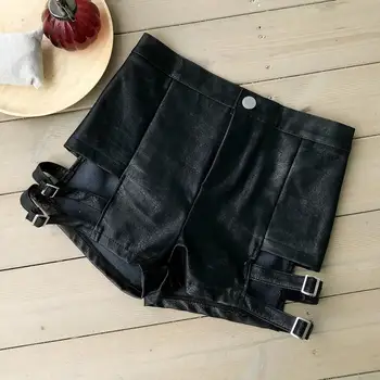 Kvindelige sommer mode sexet PU læder Shorts Black ultra kort af høj talje bandage natklub punk rock stramme shorts fritid