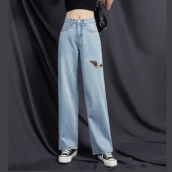 Kvinder 2021 Forår, Sommer Mode Høj Talje Bred Ben Bukser Kvindelige Ny Loose Jeans Damer Solid Farve Lange Denim Bukser P71
