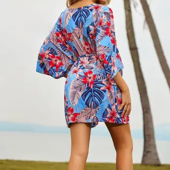 Kvinder 3/4 Ærmer Korte Bikini Dække Op Farvestrålende Tropiske Blade Trykt Blomstret Kimono Cardigan Bælte I Taljen Badetøj