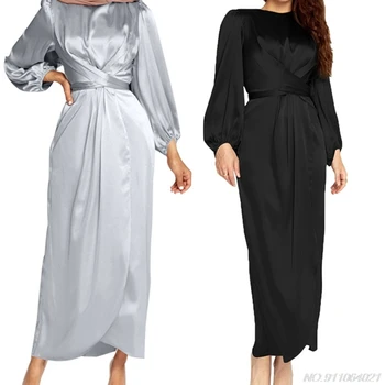 Kvinder Arabiske Muslimske Satin Puff Lange Ærmer Maxi Kjole Solid Wrap Foran Self-Tie Abaya Dubai Tyrkiet Hijab Robe